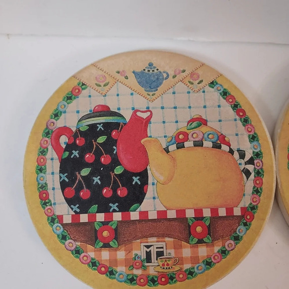 Set of 4 Mary Engelbreit Teapots Drink Coasters Cork Back - Picture 2 of 10